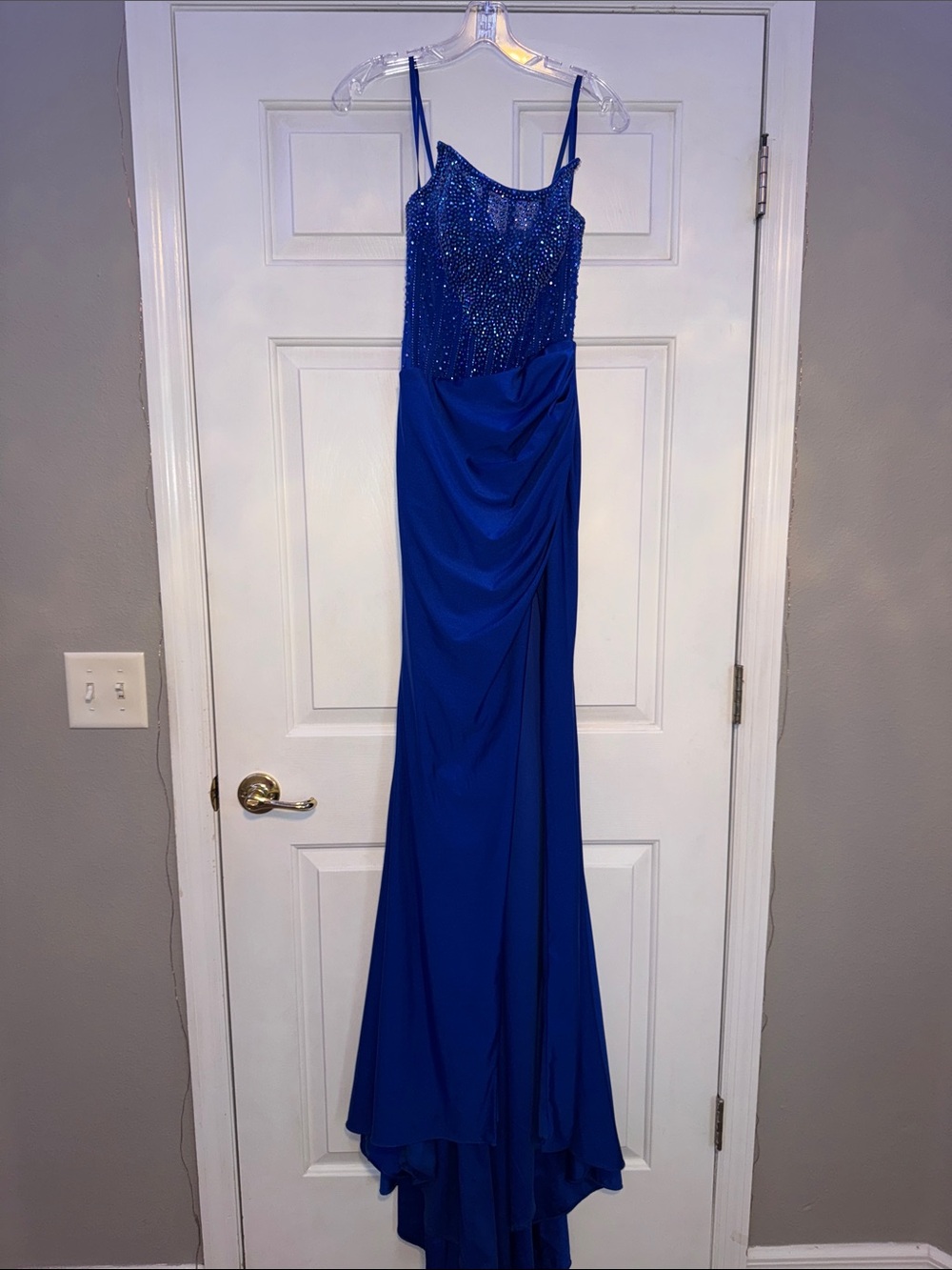 Elegant Beaded Royal Blue Prom Dress with Spaghetti Straps